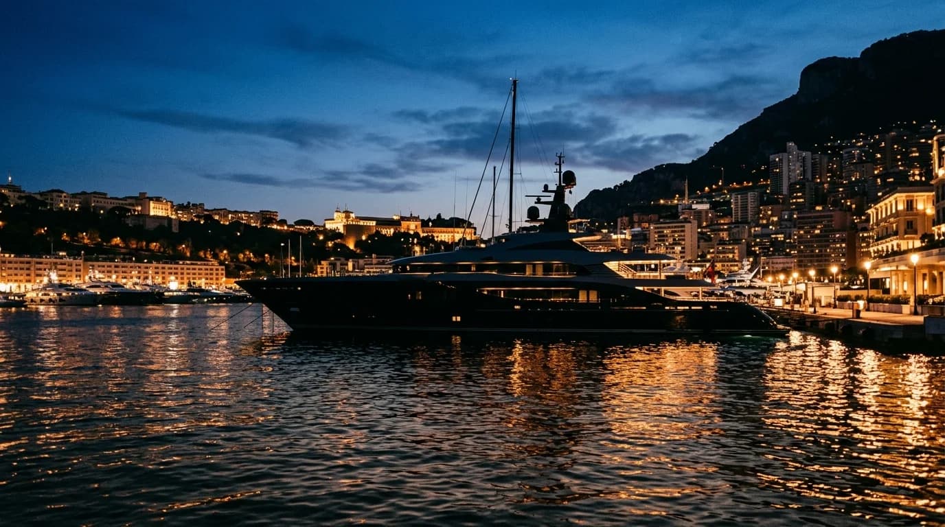 Silhouette de superyacht au port de Monte-Carlo au crépuscule.