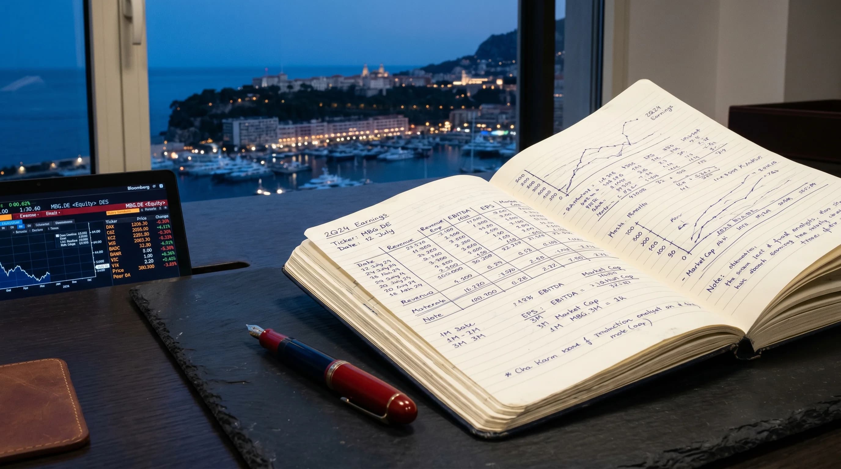 Couverture éditoriale : rapport benchmark digital avec graphiques sur table en bois, port de Monaco flou à l'arrière-plan.