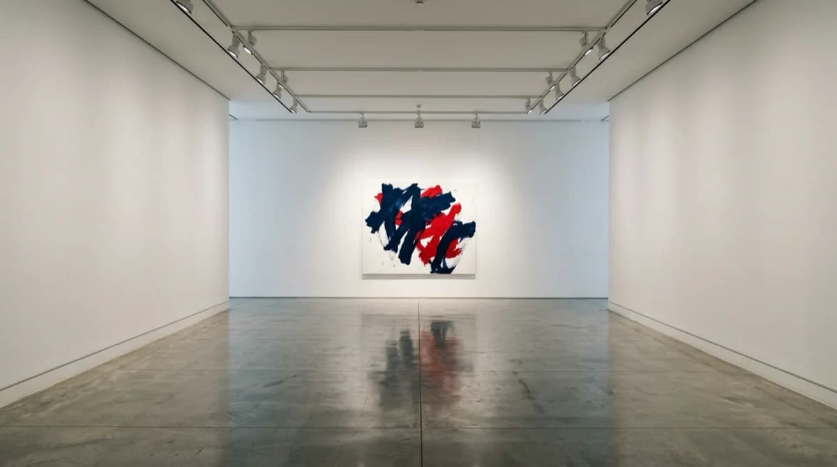Empty gallery white-cube interior with single canvas.