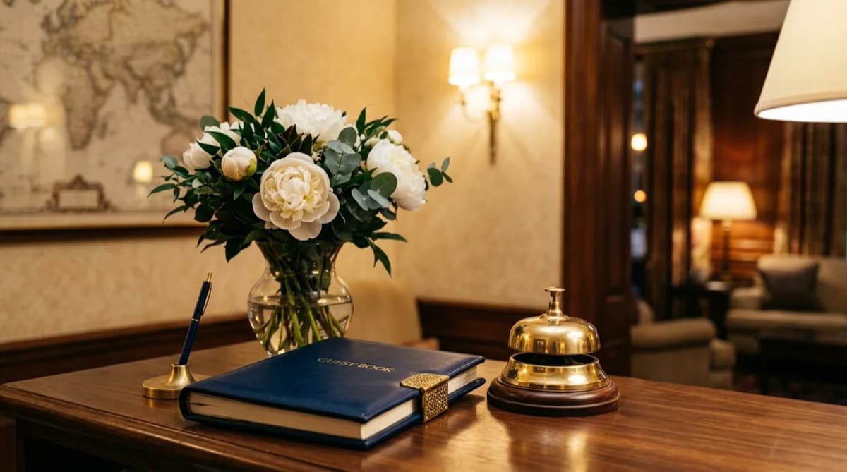 Hotel concierge desk with polished brass bell and peonies.