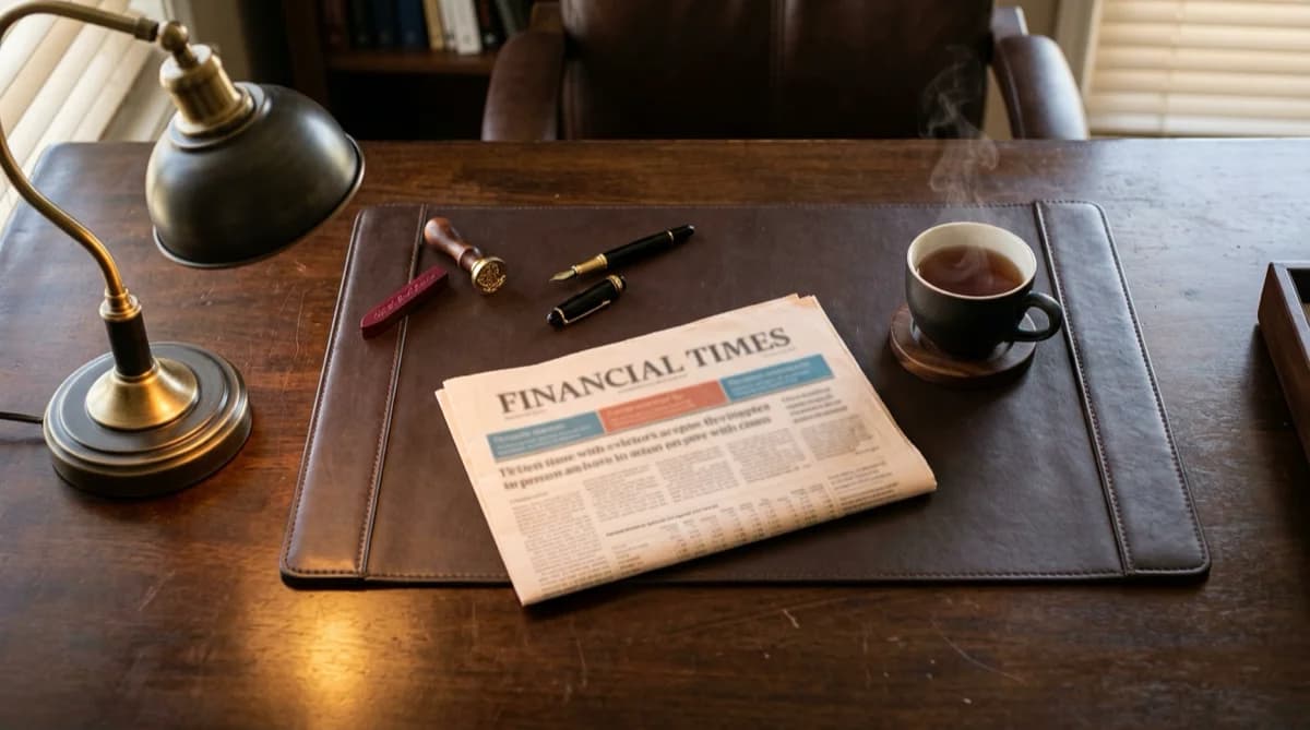 Bureau de direction avec journal, plume et thé.
