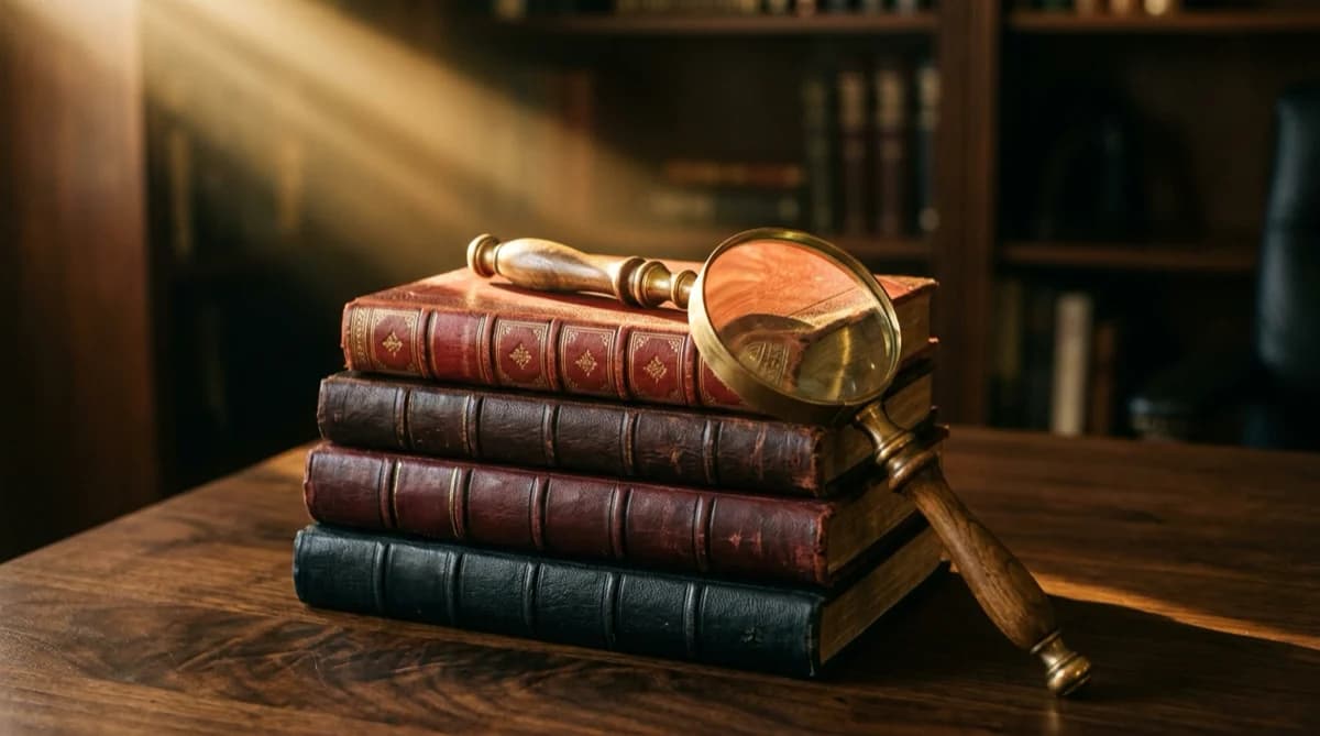 Livres de droit reliés cuir avec loupe en laiton.