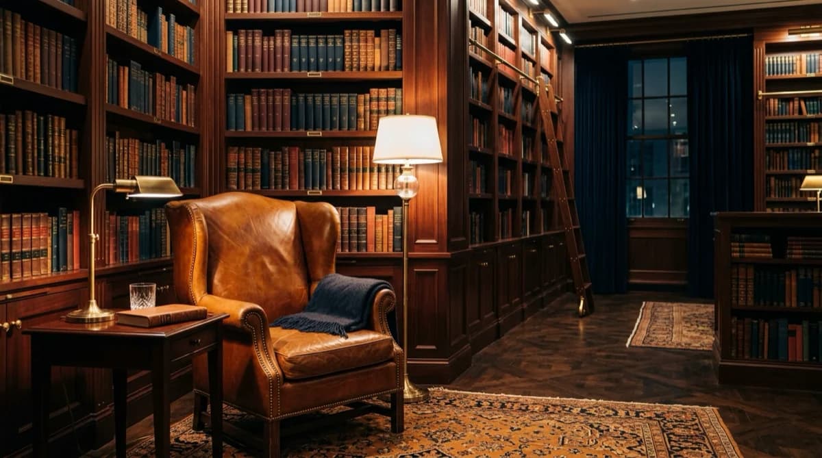 Intérieur de bibliothèque de club privé avec fauteuil en cuir.