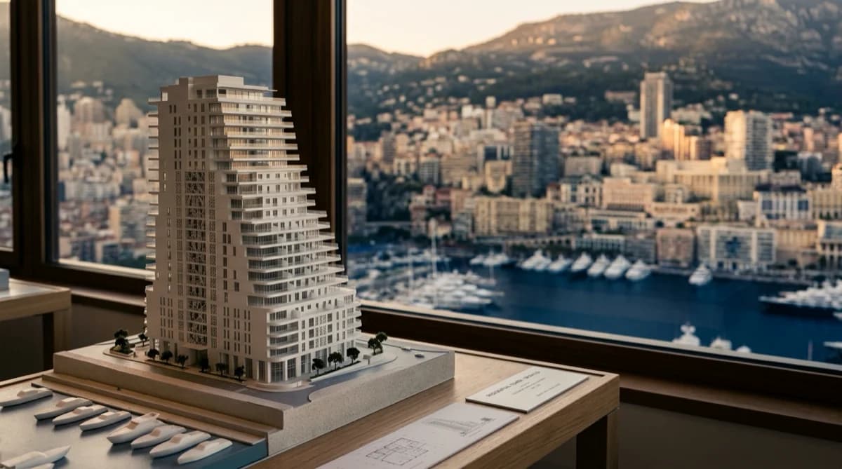 Architectural model of Monaco tower against skyline.